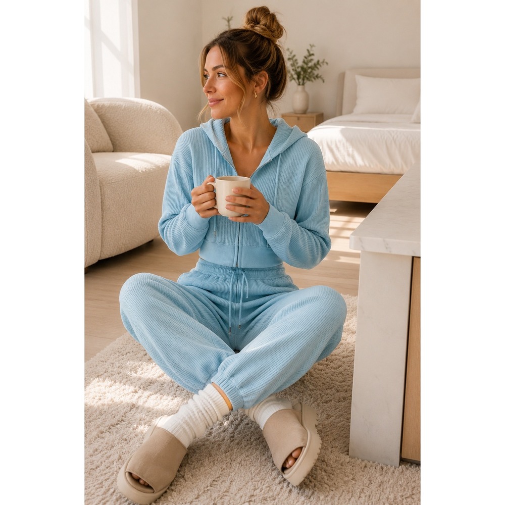Auden Blue Waffle Knit 2 Piece Hoodie Jogger Lounge Set XS Cotton Blend